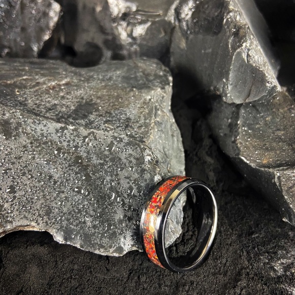 Fire Opal Inlay Black Wedding Band - Picture 3 of 5